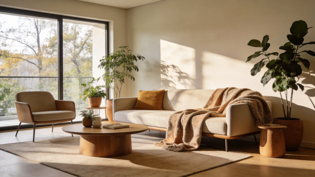 Modern living room with ergonomic furniture and wellness products