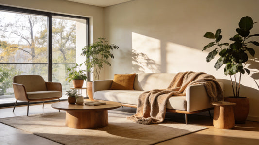 Modern living room with ergonomic furniture and wellness products