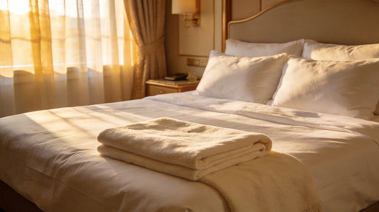 Luxurious bedroom with premium white bedding and soft morning light