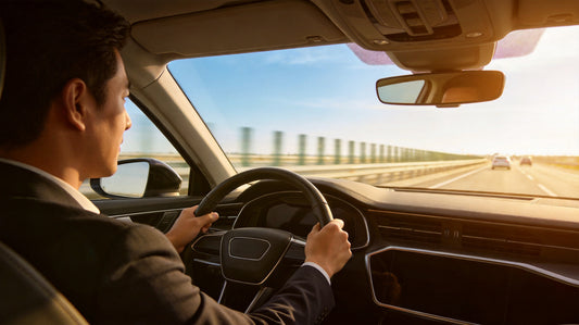 Confident driver with proper ergonomic posture behind steering wheel