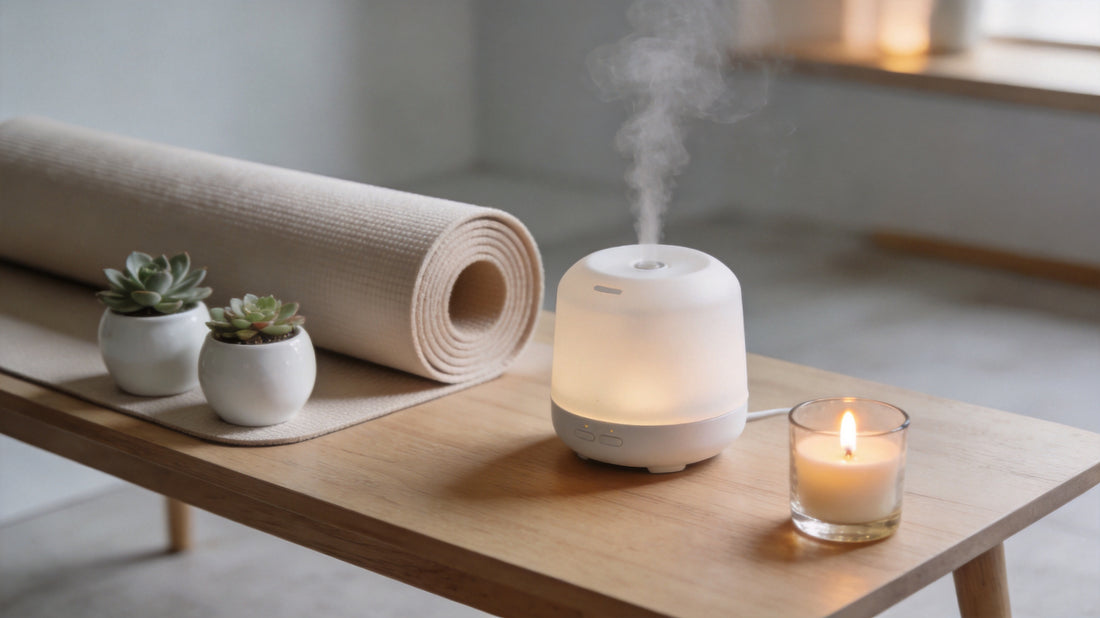 Serene home wellness corner with yoga mat and essential oil diffuser