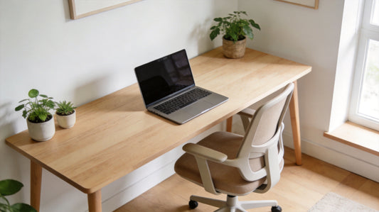Comfortable home office desk setup with laptop and ergonomic chair