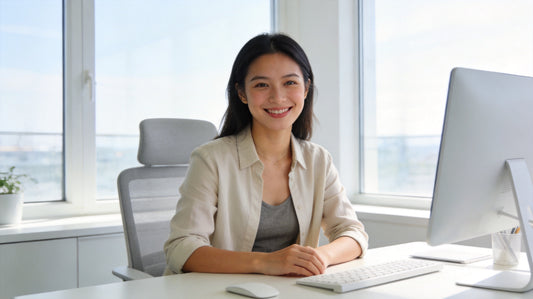 Professional woman with excellent posture at office desk