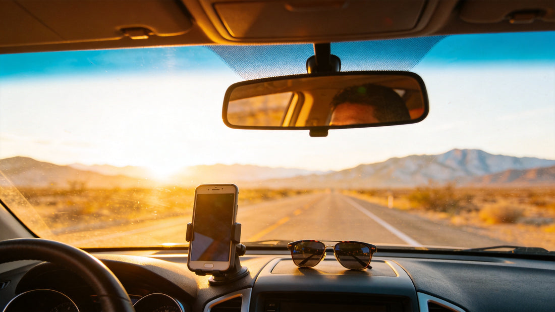 Modern car interior during scenic road trip with organized accessories