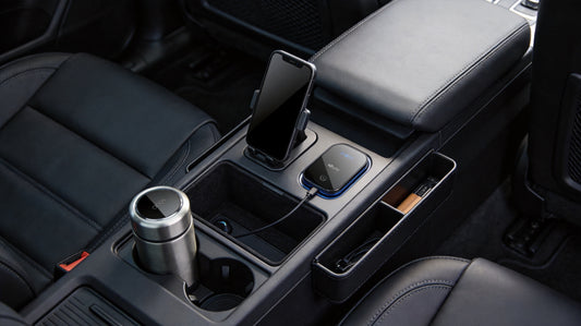 Organized modern car interior center console with premium accessories