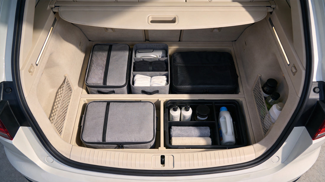 Pristine clean car trunk with neatly organized storage containers