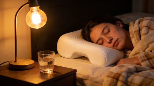 Peaceful person sleeping on ergonomic cervical neck pillow in cozy bed
