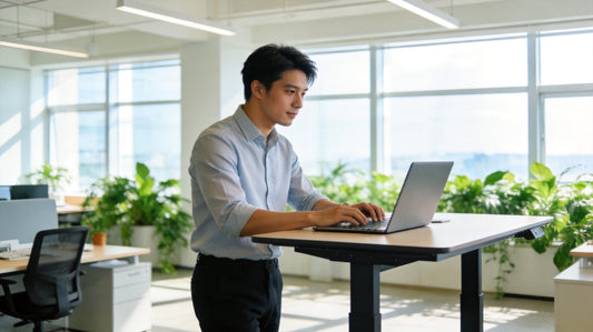 Professional working at standing desk with excellent posture in modern office