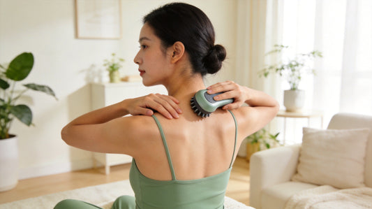 A 10-minute daily routine for desk-work shoulder pain: reposition, heat, percussion, and open your chest — plus the massage gear that actually helps.