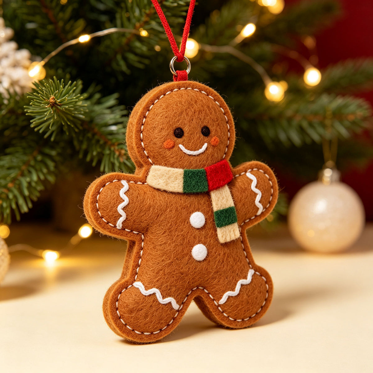 Felt Gingerbread Man Ornament | Embroidered Christmas Tree Pendant